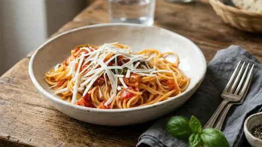 Una ciotola di spaghetti al pomodoro fresco guarnita con foglie di basilico e scaglie di formaggio grattugiato su un tav