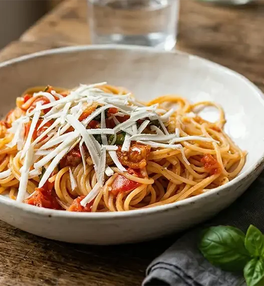 Una ciotola di spaghetti al pomodoro fresco guarnita con foglie di basilico e scaglie di formaggio grattugiato su un tav