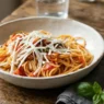 Una ciotola di spaghetti al pomodoro fresco guarnita con foglie di basilico e scaglie di formaggio grattugiato su un tav