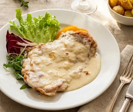 Cotoletta alla Bolognese dorata servita su piatto bianco con prosciutto crudo, formaggio fuso e guarnizione di pomodoro e basilico.