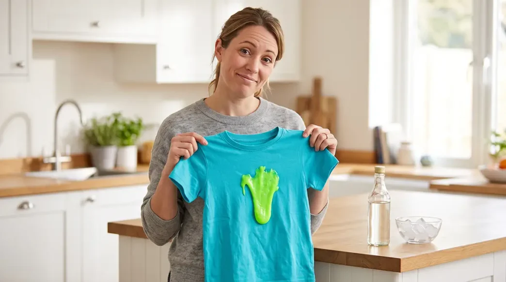Maglietta sporca di slime verde neon, pronta per essere smacchiata con rimedi naturali.
