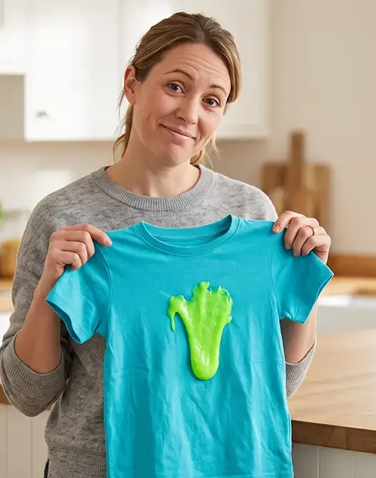 Maglietta sporca di slime verde neon, pronta per essere smacchiata con rimedi naturali.