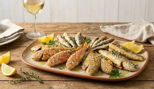 Un piatto di pesce fritto al forno