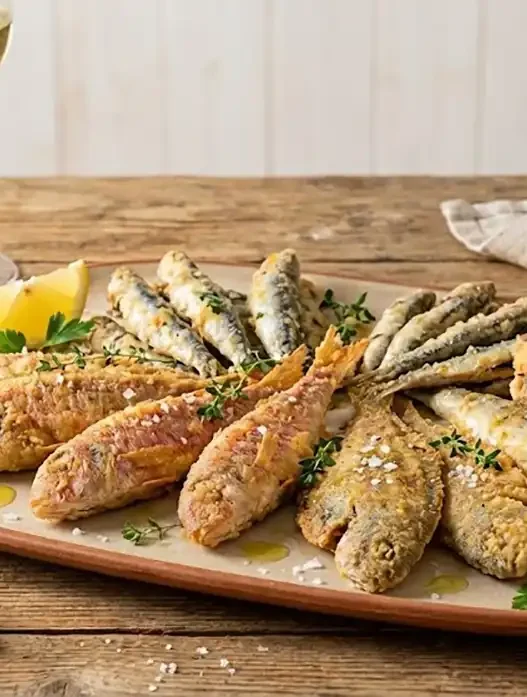 Un piatto di pesce fritto al forno