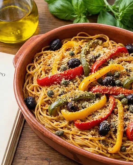 Una pirofila con gli spaghetti con i peperoni di Eduardo