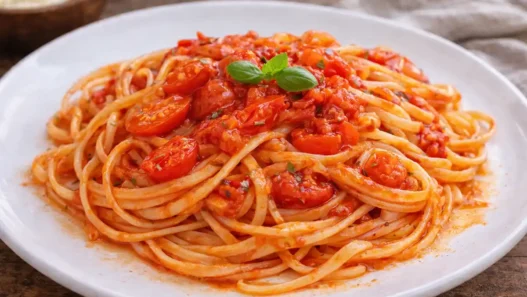 un piatto di spaghetti con lo spunzillo con basilico