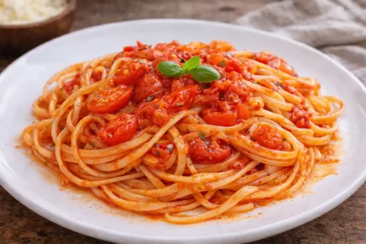 un piatto di spaghetti con lo spunzillo con basilico