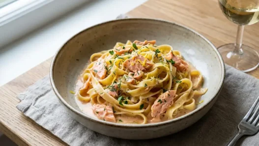 Un piatto di tagliatelle al salmone accompagnato da un calice di vino