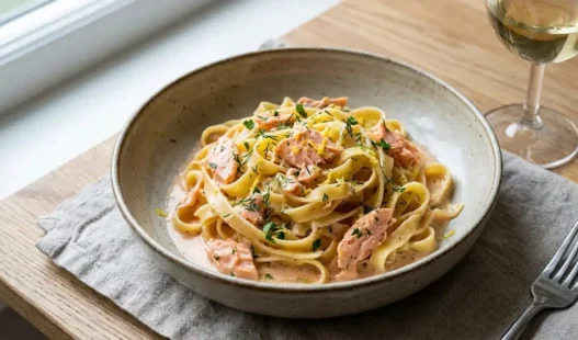 Un piatto di tagliatelle al salmone accompagnato da un calice di vino