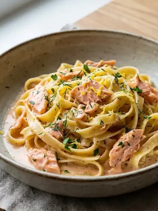 Un piatto di tagliatelle al salmone accompagnato da un calice di vino