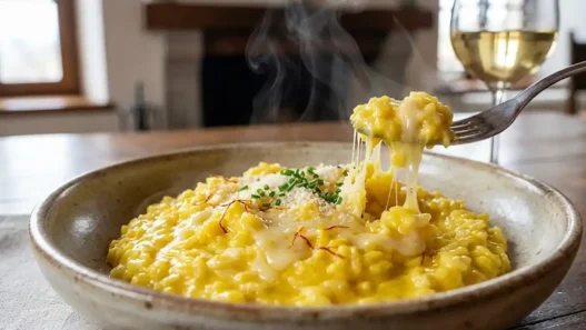 Piatto di risotto giallo allo zafferano mantecato ai formaggi fumante