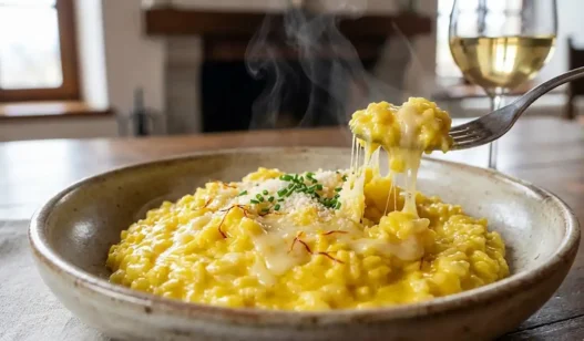 Piatto di risotto giallo allo zafferano mantecato ai formaggi fumante