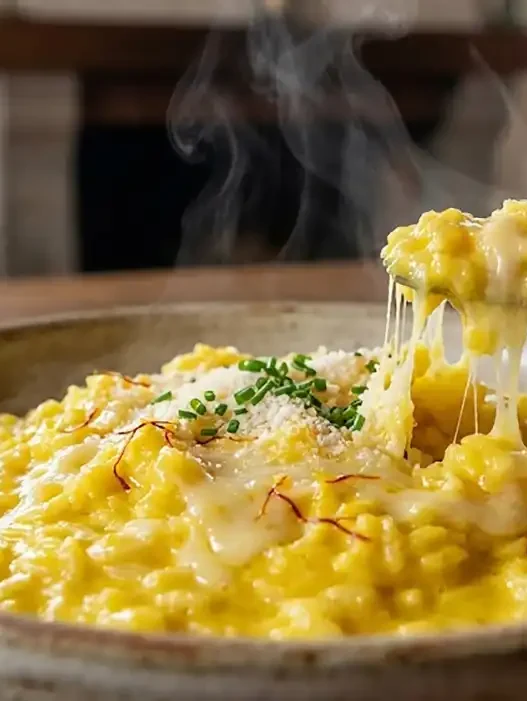 Piatto di risotto giallo allo zafferano mantecato ai formaggi fumante
