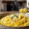Piatto di risotto giallo allo zafferano mantecato ai formaggi fumante