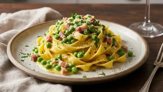 Piatto di tagliatella con un bicchiere di vino bianco