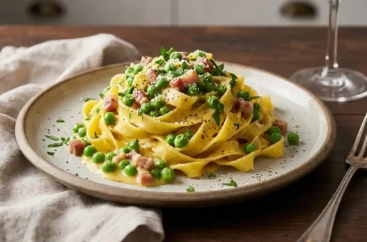 Piatto di tagliatella con un bicchiere di vino bianco