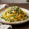 Piatto di tagliatella con un bicchiere di vino bianco