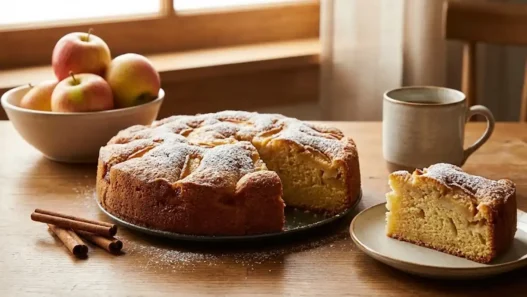 Una torta di mela su un tavolo con delle mele accanto