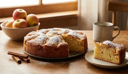 Una torta di mela su un tavolo con delle mele accanto