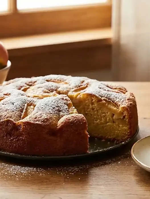 Una torta di mela su un tavolo con delle mele accanto