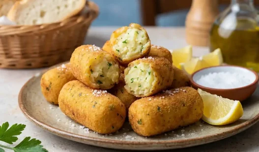 Un piatto di cazzilli siciliani su un piatto con sale e limone