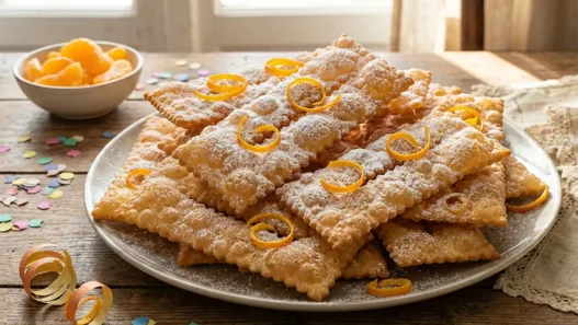 Vassoio di chiacchiere di Carnevale friabili con zucchero a velo e scorza d'arancia