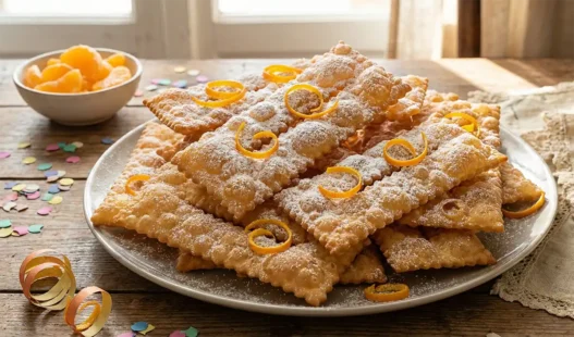 Vassoio di chiacchiere di Carnevale friabili con zucchero a velo e scorza d'arancia