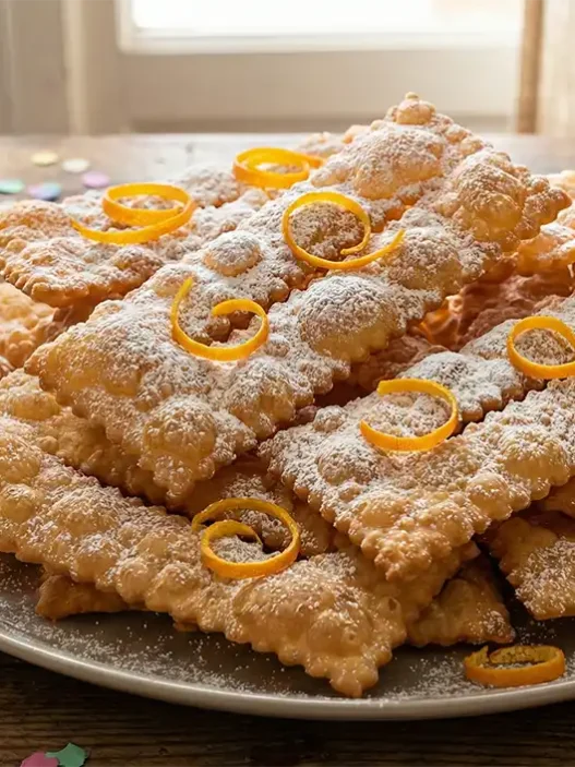 Vassoio di chiacchiere di Carnevale friabili con zucchero a velo e scorza d'arancia