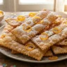 Vassoio di chiacchiere di Carnevale friabili con zucchero a velo e scorza d'arancia