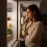 Donna che apre il frigorifero di sera cercando cibo per fame nervosa, espressione pensierosa.