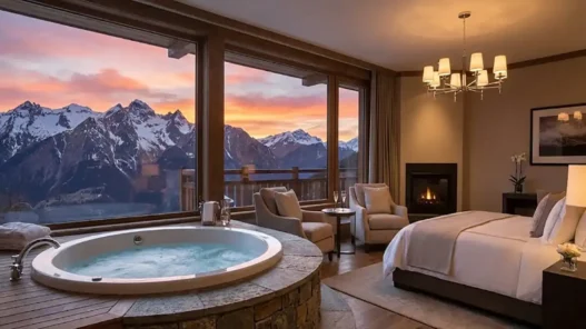 Interno di una suite di lusso con vasca idromassaggio privata e vista panoramica sulle montagne innevate al tramonto.