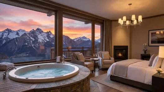 Interno di una suite di lusso con vasca idromassaggio privata e vista panoramica sulle montagne innevate al tramonto.
