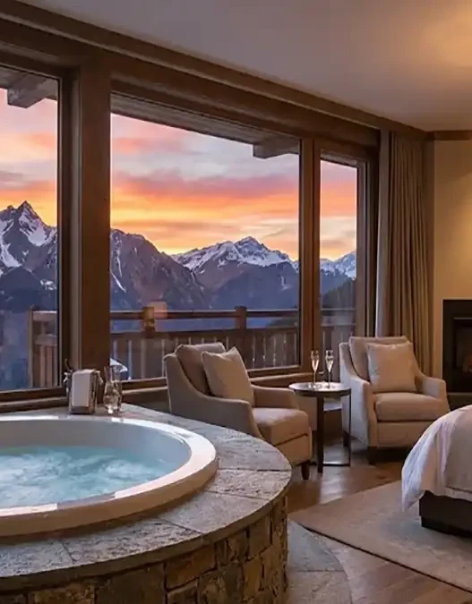 Interno di una suite di lusso con vasca idromassaggio privata e vista panoramica sulle montagne innevate al tramonto.
