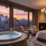 Interno di una suite di lusso con vasca idromassaggio privata e vista panoramica sulle montagne innevate al tramonto.