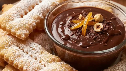Vassoio di chiacchiere di Carnevale dorate e friabili coperte di zucchero a velo, preparate con il Bimby.