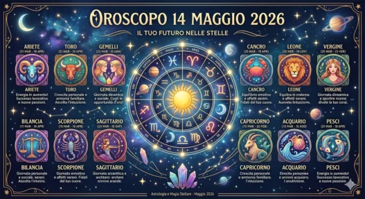 Al centro si trova un grande cerchio astrologico dorato con il sole splendente nel mezzo, circondato dai simboli dei segni zodiacali e dai pianeti del sistema solare.