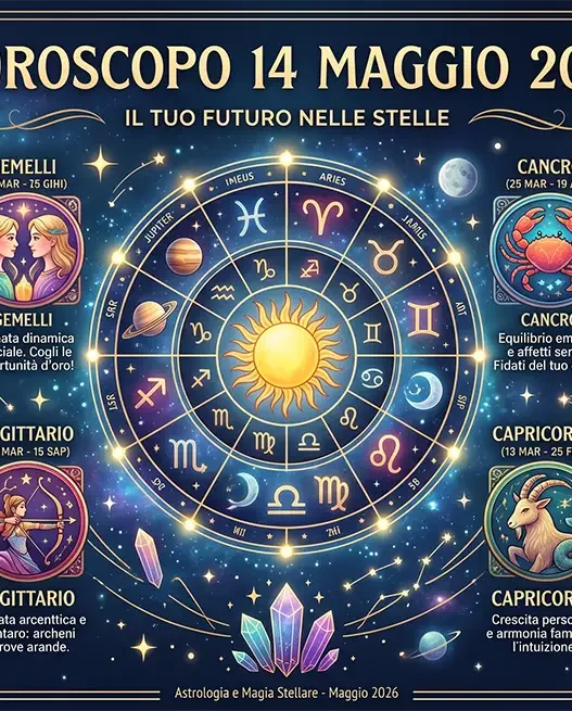 Al centro si trova un grande cerchio astrologico dorato con il sole splendente nel mezzo, circondato dai simboli dei segni zodiacali e dai pianeti del sistema solare.