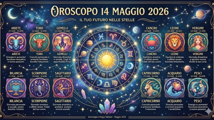 Al centro si trova un grande cerchio astrologico dorato con il sole splendente nel mezzo, circondato dai simboli dei segni zodiacali e dai pianeti del sistema solare.