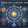 Al centro si trova un grande cerchio astrologico dorato con il sole splendente nel mezzo, circondato dai simboli dei segni zodiacali e dai pianeti del sistema solare.
