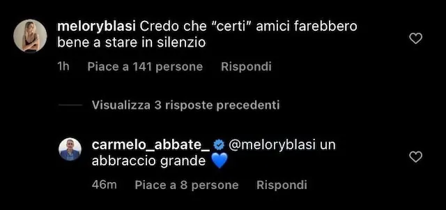 commento di Melory Blasi sotto al post instagram di Abbate