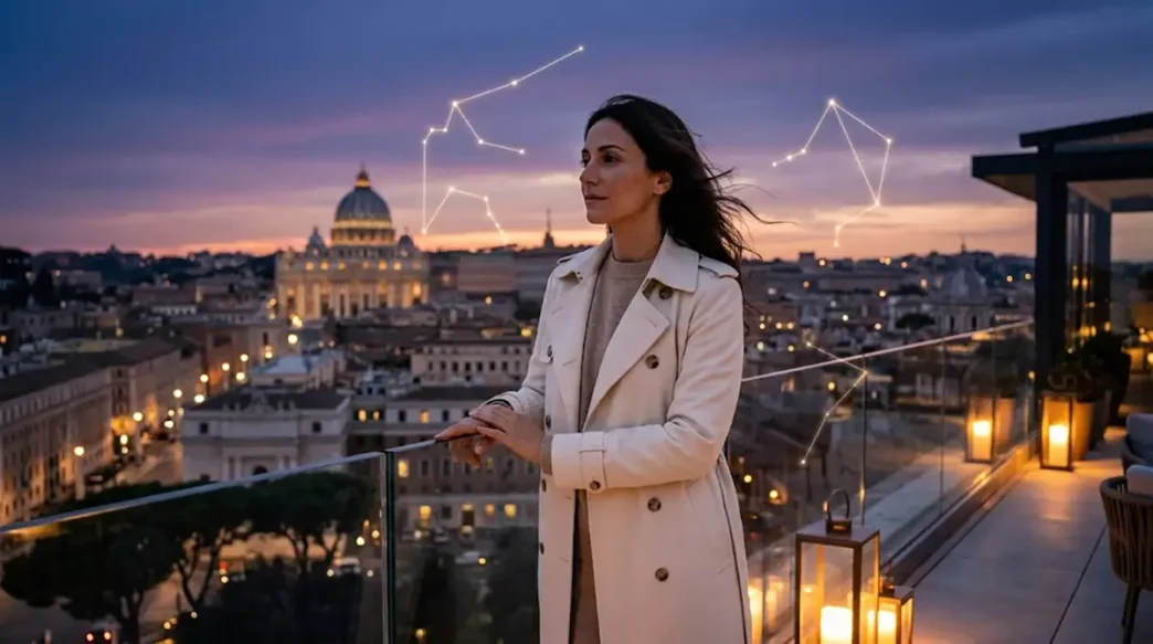 Donna sofisticata su una terrazza al tramonto sotto un cielo costellato, a rappresentare le intuizioni e l'equilibrio dell'oroscopo del 23 settembre 2026.