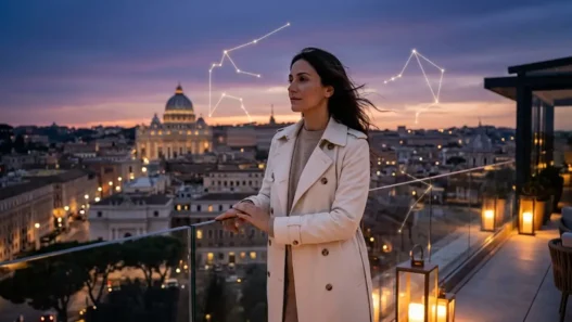 Donna sofisticata su una terrazza al tramonto sotto un cielo costellato, a rappresentare le intuizioni e l'equilibrio dell'oroscopo del 23 settembre 2026.