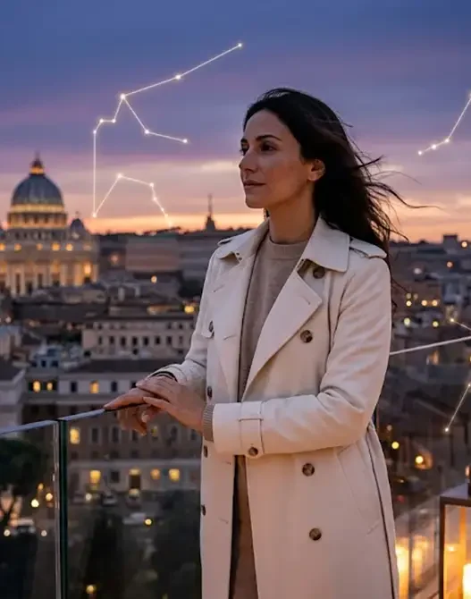 Donna sofisticata su una terrazza al tramonto sotto un cielo costellato, a rappresentare le intuizioni e l'equilibrio dell'oroscopo del 23 settembre 2026.