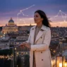 Donna sofisticata su una terrazza al tramonto sotto un cielo costellato, a rappresentare le intuizioni e l'equilibrio dell'oroscopo del 23 settembre 2026.