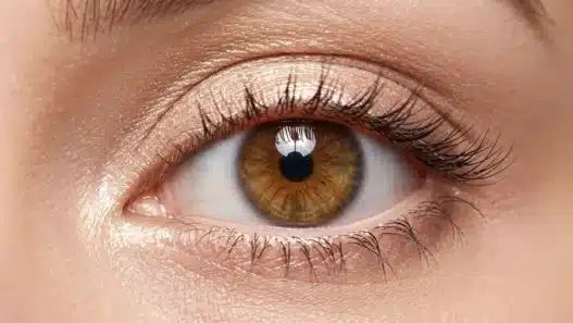 Un primo piano macro di un occhio femminile spalancato e luminoso, che mostra un trucco studiato per ingrandirlo con matita chiara nella rima interna e ombretto scintillante.