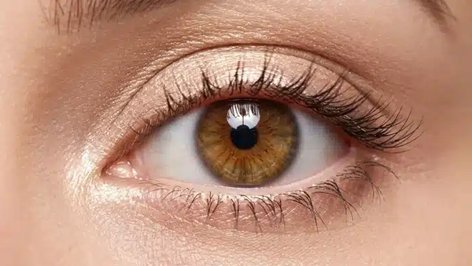 Un primo piano macro di un occhio femminile spalancato e luminoso, che mostra un trucco studiato per ingrandirlo con matita chiara nella rima interna e ombretto scintillante.