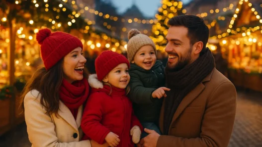 Famiglia con bambini che cammina tra mercatini di Natale illuminati