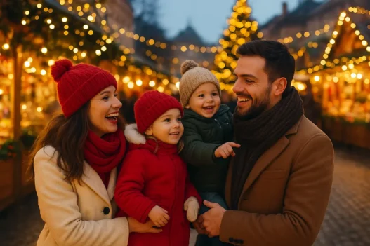 Famiglia con bambini che cammina tra mercatini di Natale illuminati