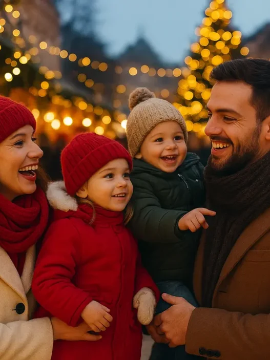 Famiglia con bambini che cammina tra mercatini di Natale illuminati