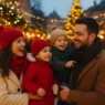 Famiglia con bambini che cammina tra mercatini di Natale illuminati